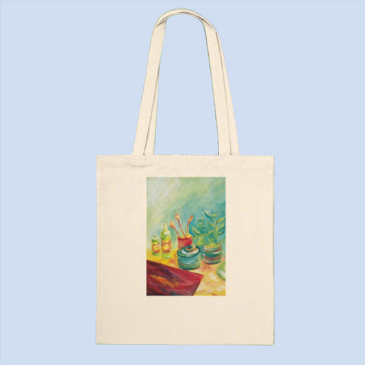 pretty tote bag with still life oil painting on both sides of bag