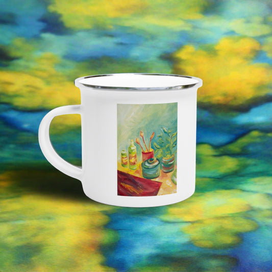 enamel travel mug with oil painting on both sides of still life